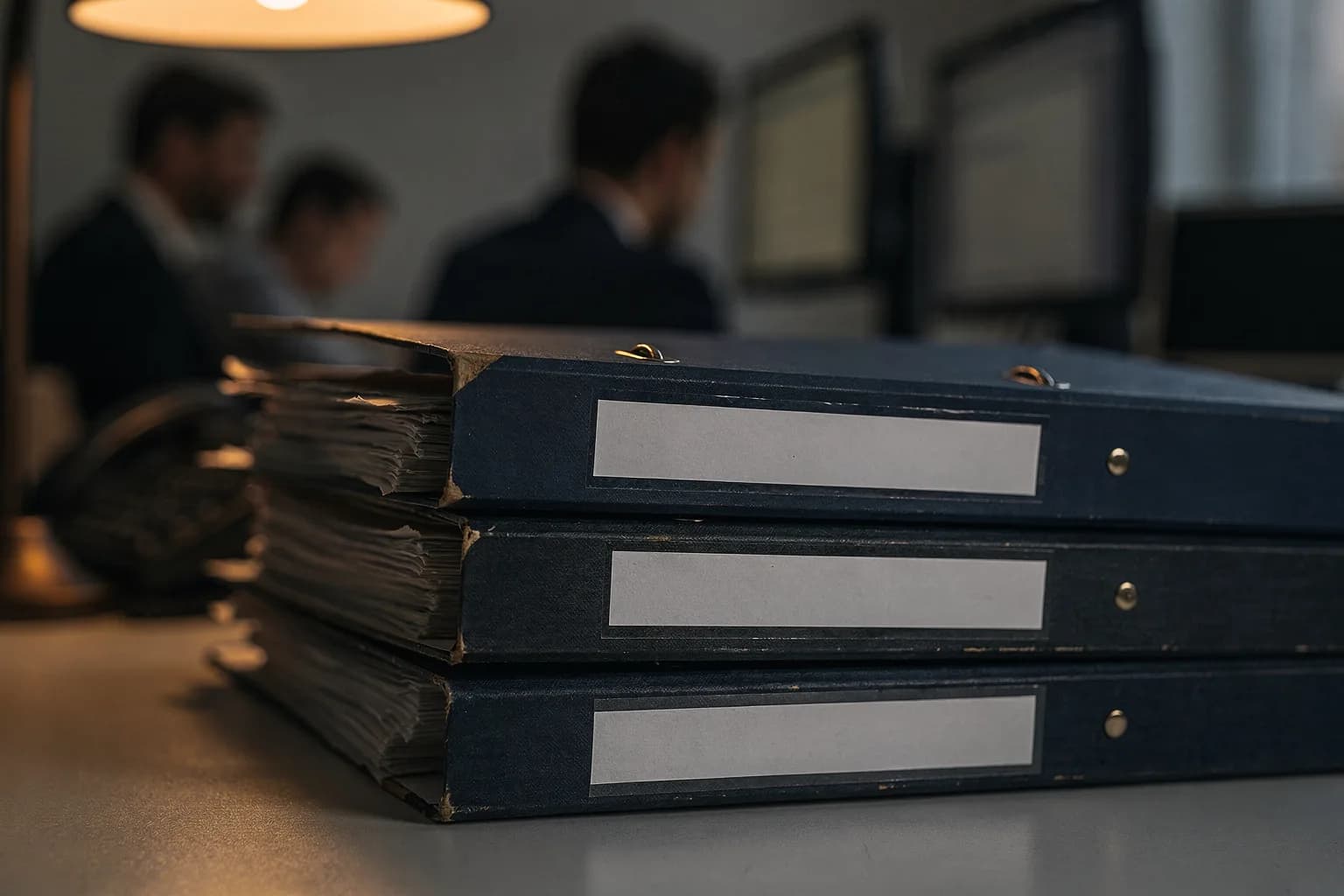 Nahaufnahme eines Stapels Untersuchungsakten mit leeren Aufklebern auf einem Schreibtisch, warmes Lampenlicht