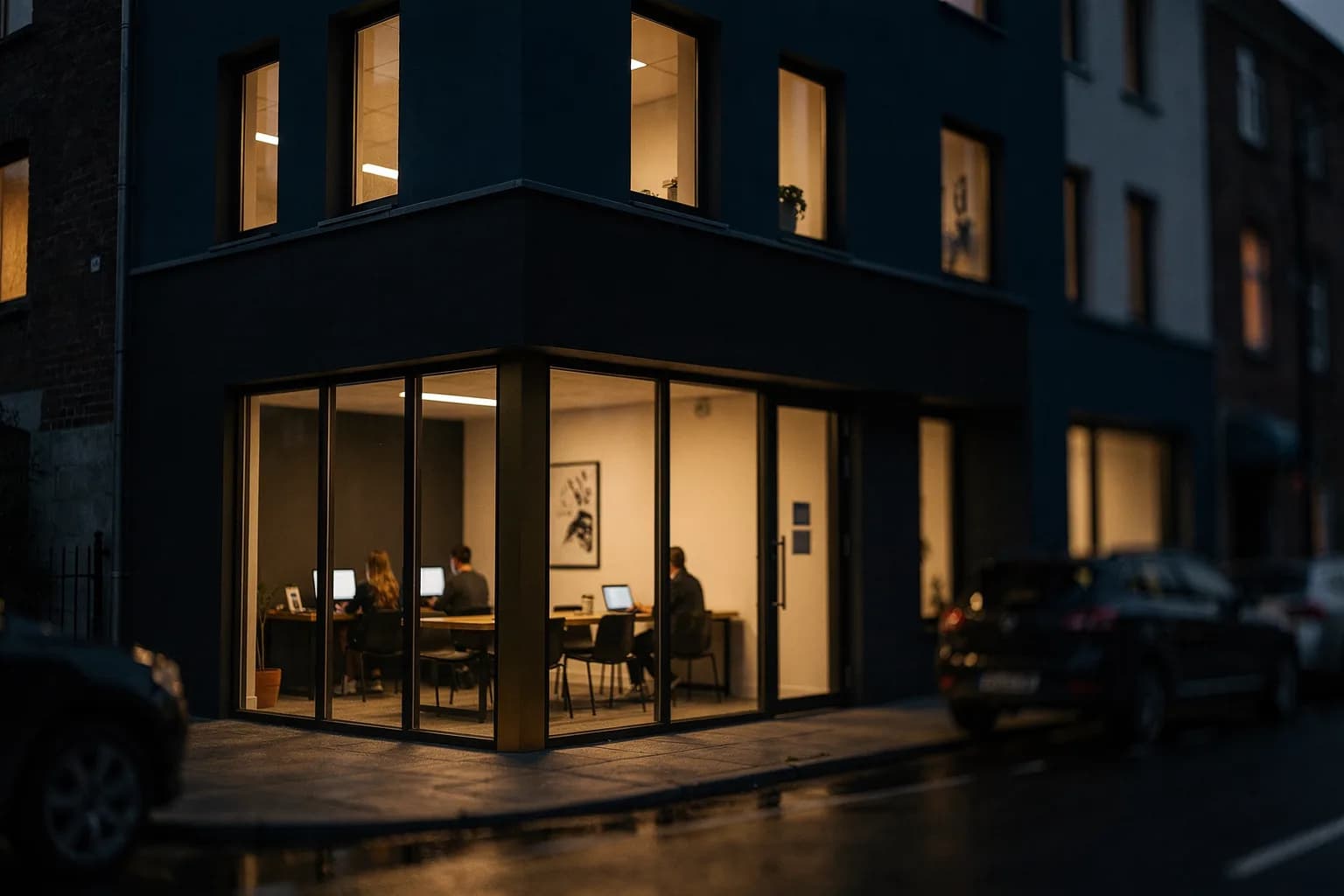 Schlichtes Büro- und Praxisgebäude in der Dämmerung mit beleuchtetem Erdgeschoss, ruhige Straße