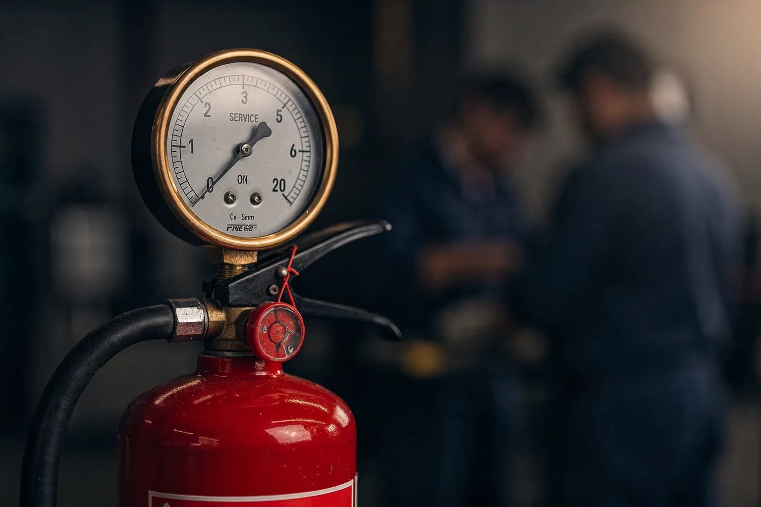 Nahaufnahme eines Manometers an einem Feuerlöscher mit Wartungsanhänger, kein lesbarer Text, geringe Schärfentiefe