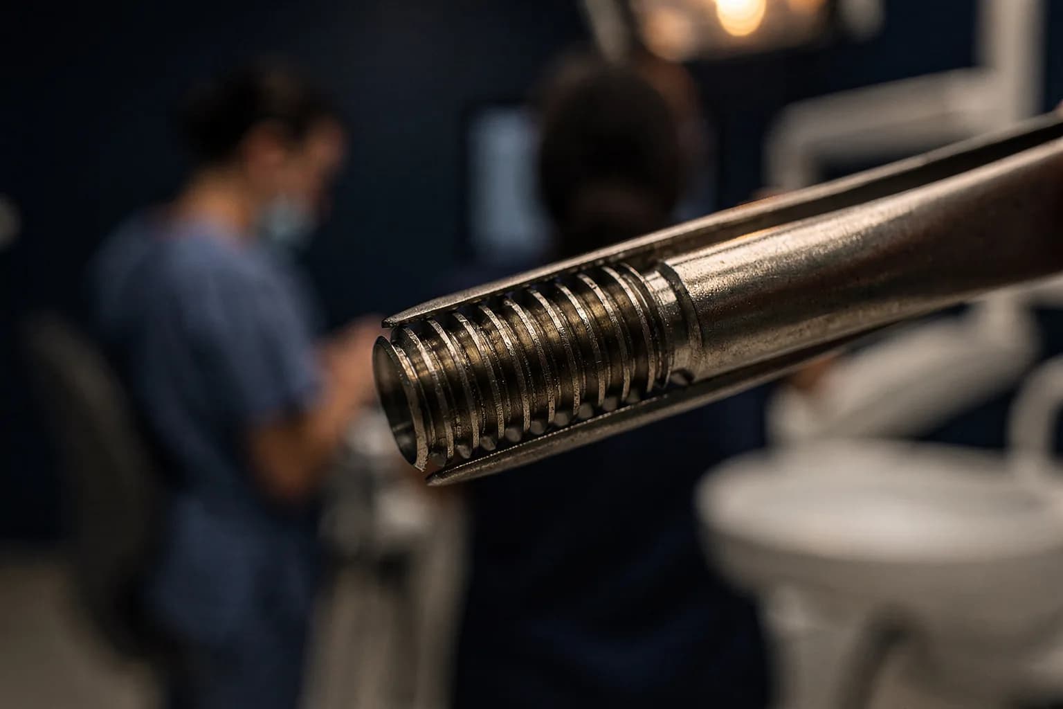 Extreme Nahaufnahme einer Dentalimplantatschraube in einer Pinzette, feine Gewindegeometrie, sehr geringe Schärfentiefe, ohne Beschriftung