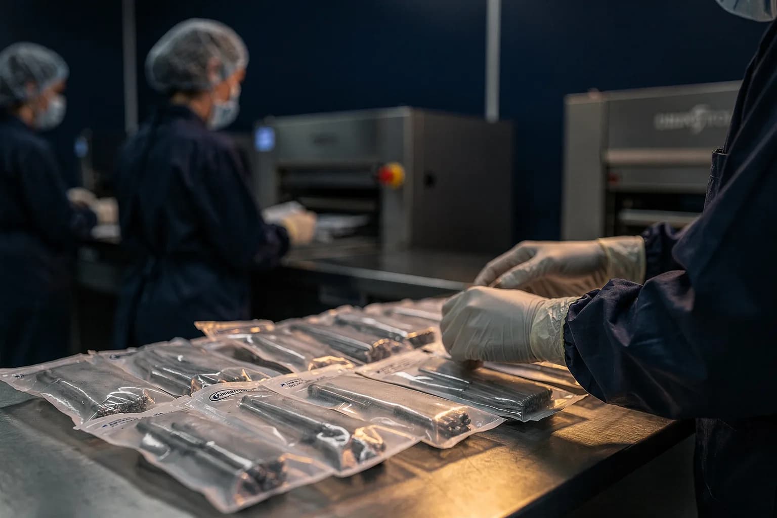 Verpackungslinie für sterile Dentalprodukte, versiegelte durchsichtige Beutel auf einer Bank, behandschuhte Hände, gleichmäßiges klares Licht