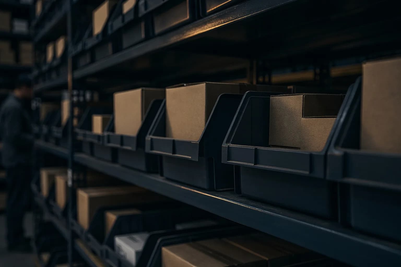 Nahaufnahme eines Teileregals in einem Lager mit unbeschrifteten Kartons in Fächern, fluchtende Reihen, geringe Schärfentiefe