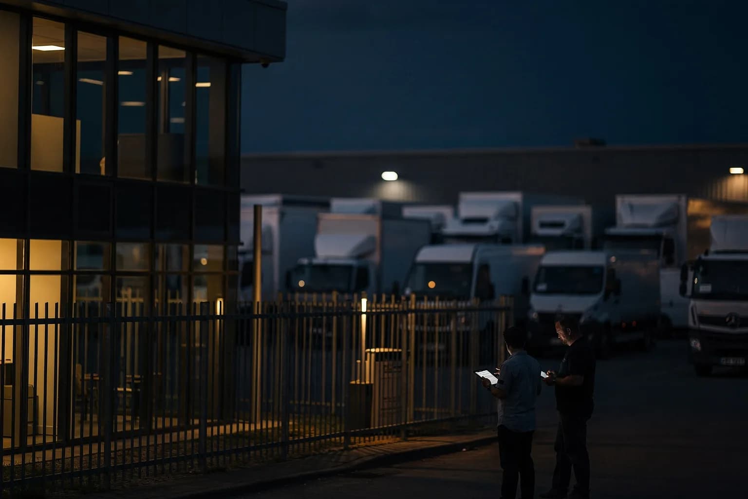 Zentrale eines Importeurs in der Dämmerung mit flachem verglastem Bürogebäude und großem Fahrzeuggelände hinter einem Zaun