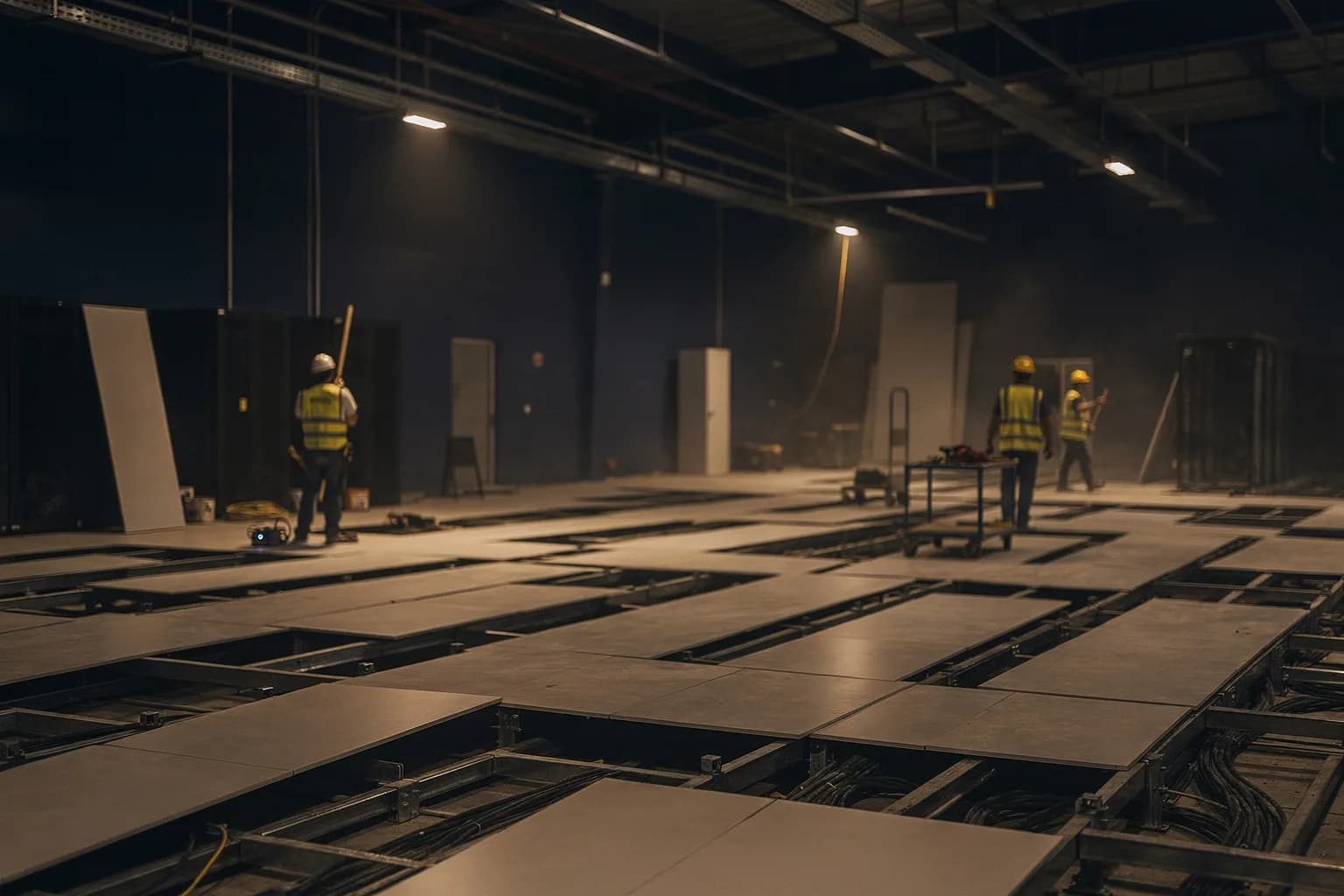 Rohbau eines Rechenzentrums mit Doppelbodenplatten und Kabeltragsystemen, Arbeitslicht
