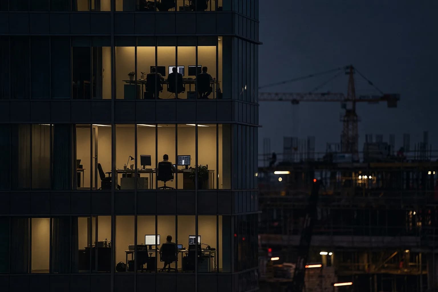 Bürogebäude in der Dämmerung mit zwei beleuchteten Geschossen und einer Baustelle dahinter