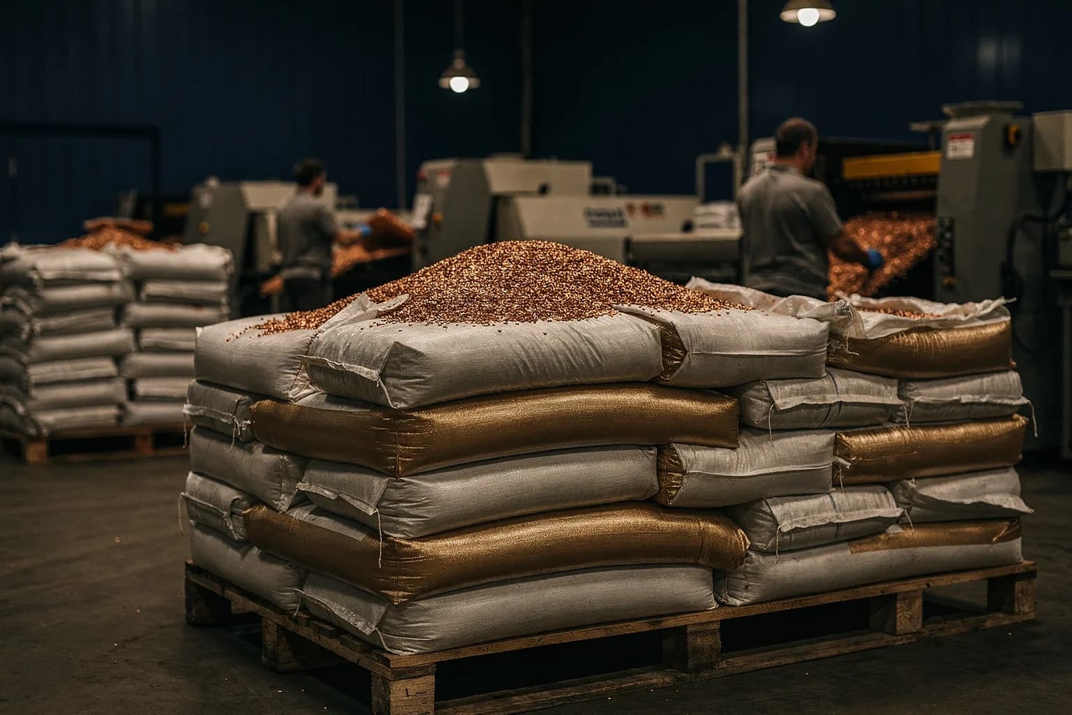 Big Bags mit sortiertem Kupfergranulat auf Paletten in einer Halle, schlichtes Gewebe, gleichmäßiges Licht