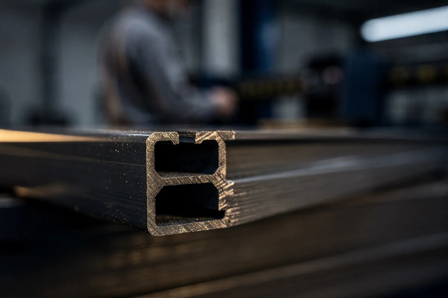 Extreme Nahaufnahme der Schnittkante eines extrudierten Kunststoffprofils mit sichtbarem Wandquerschnitt, sehr geringe Schärfentiefe