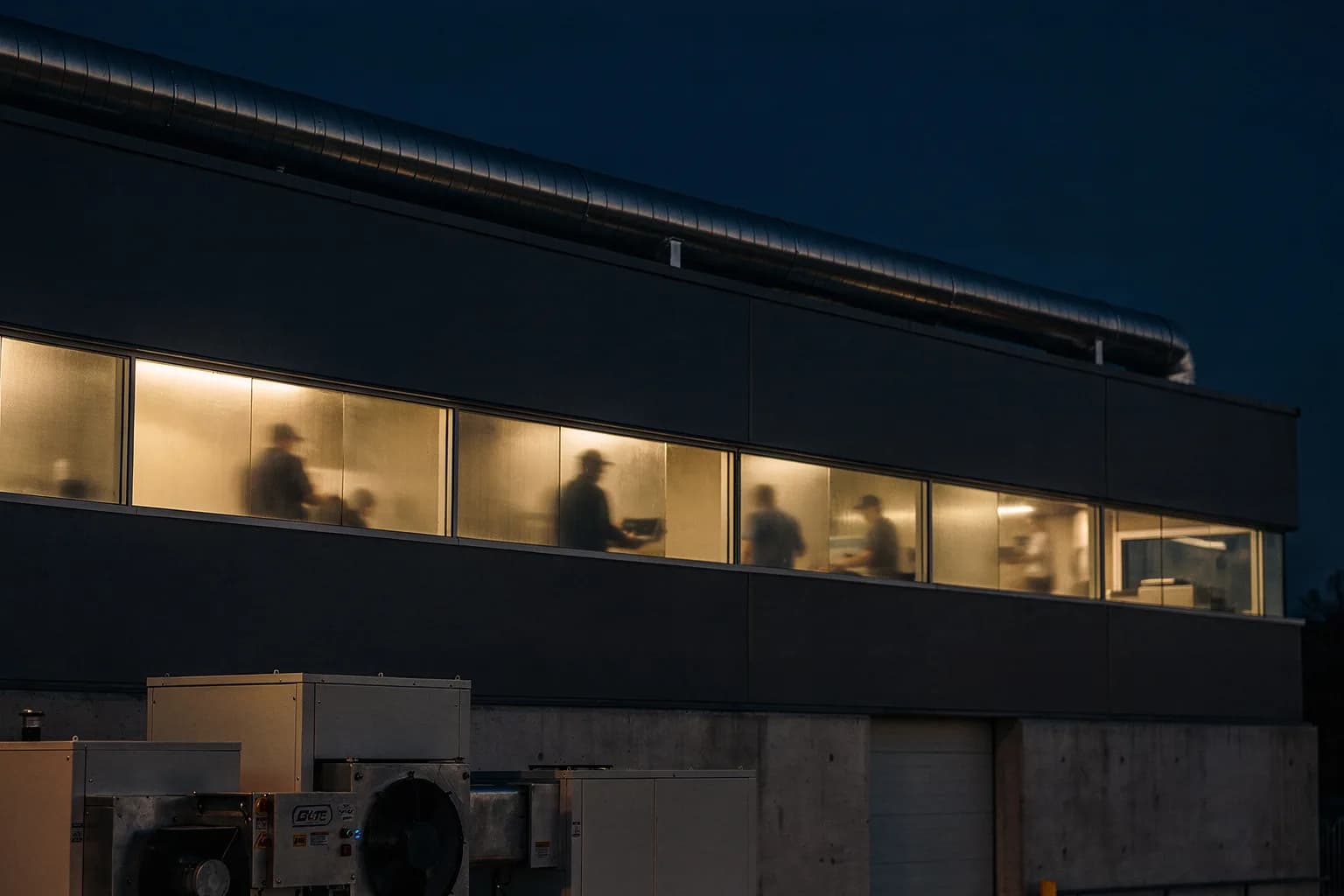 Sauberes Industriegebäude in der Dämmerung mit Edelstahlleitungen auf dem Dach und beleuchteten Fensterbändern