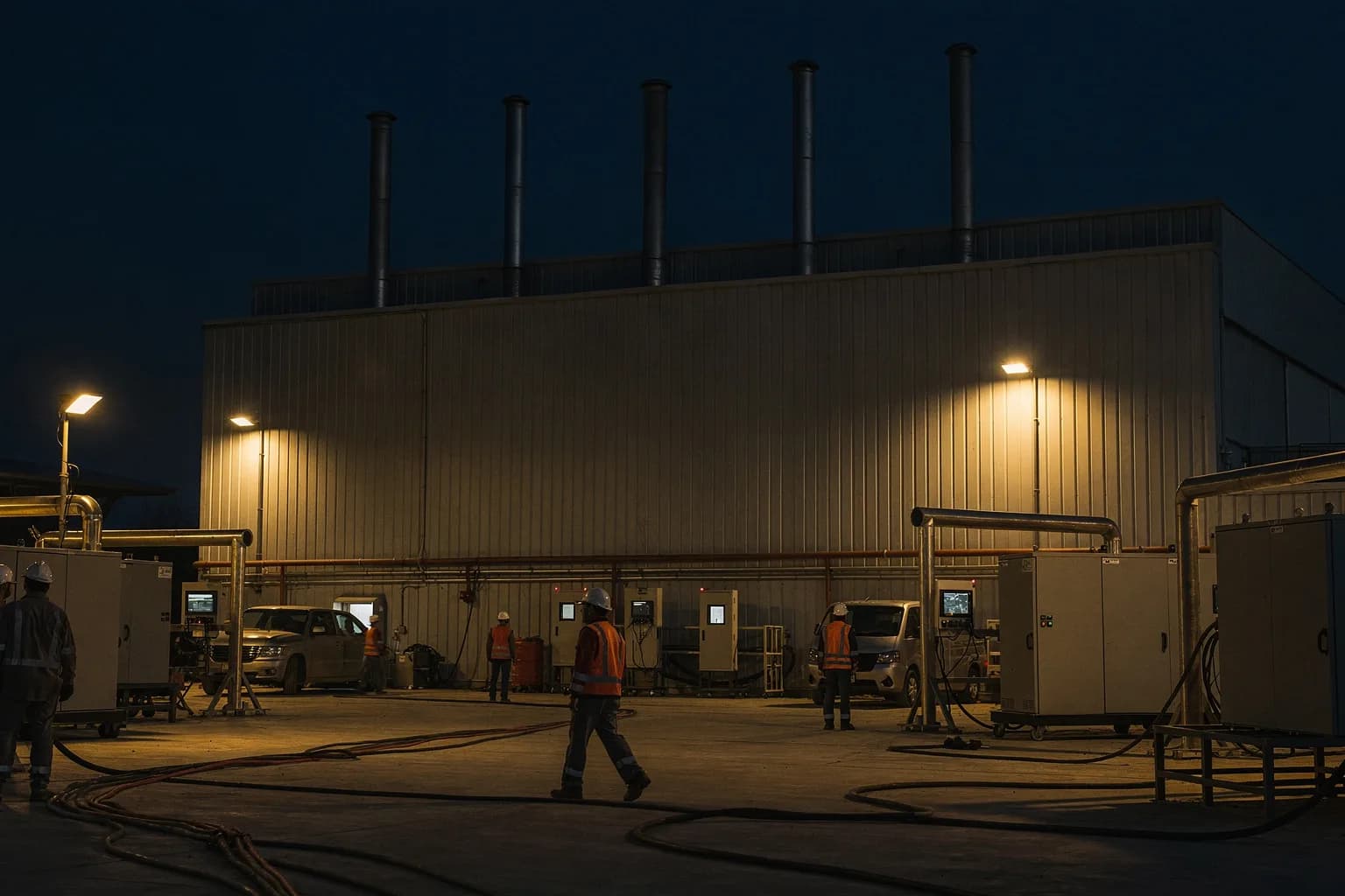 Industrielle Prüfeinrichtung in der Dämmerung mit einer hohen Halle und Lüftungsaufbauten, ausgeleuchteter Hof