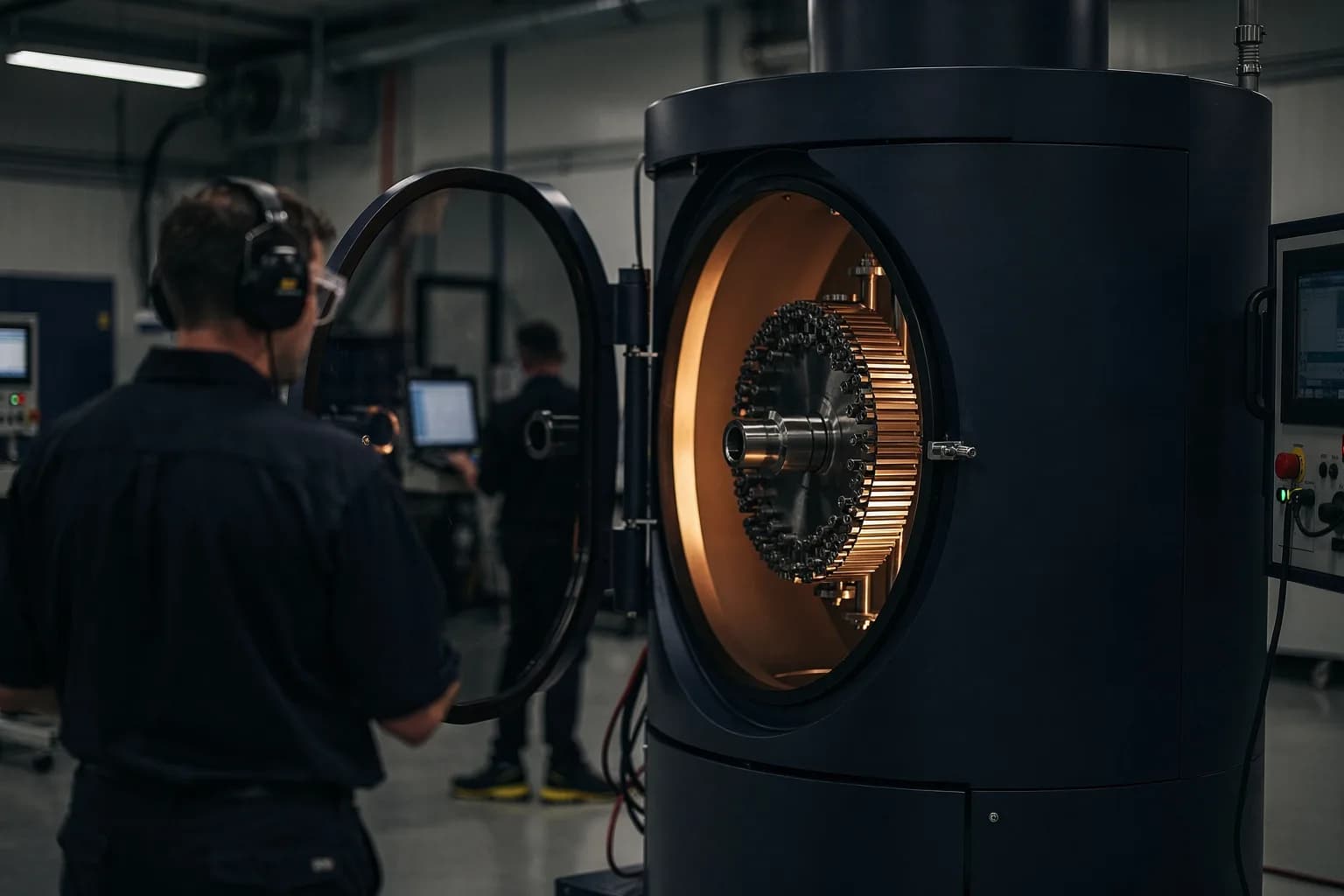 Geöffnete Vakuumbeschichtungskammer mit einer Charge Metallteile auf einer drehenden Aufnahme, ein Bediener von hinten, kühles Licht mit warmem Schein im Innenraum