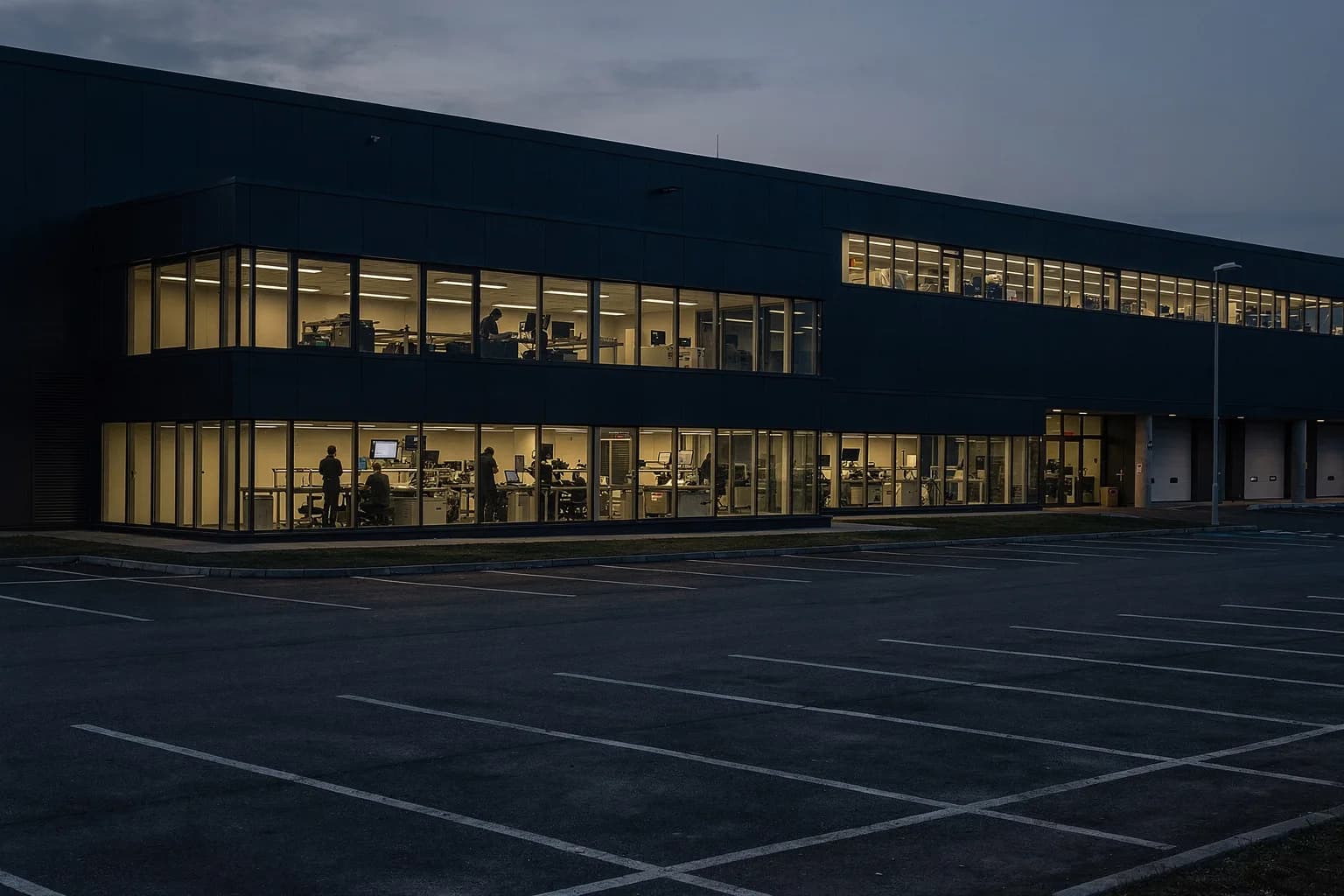 Großes Elektronikwerk in der Dämmerung mit beleuchteten Fensterbändern und leerem Besucherparkplatz