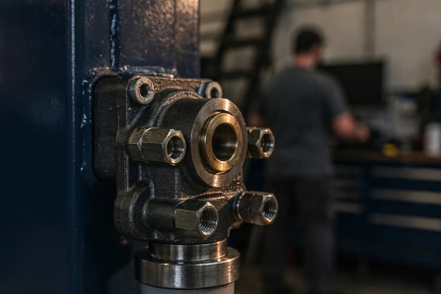 Nahaufnahme eines Hydraulikzylinderkopfs mit Anschlüssen an einer Hebebühnensäule, bearbeitete Flächen, geringe Schärfentiefe