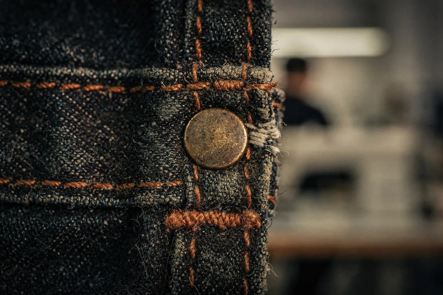 Extreme Nahaufnahme einer Denimnaht mit orangefarbener Stickerei und einer Niete, Stofftextur, sehr geringe Schärfentiefe, ohne Markenzeichen
