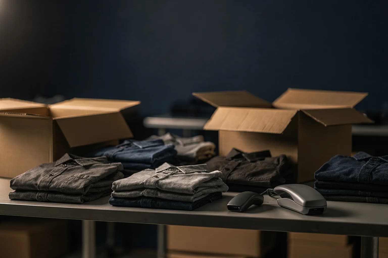 Retourenbereich mit offenen Kartons und gefalteten Kleidungsstücken auf einem Tisch, schlichte Oberflächen, gleichmäßiges Licht, niemand anwesend