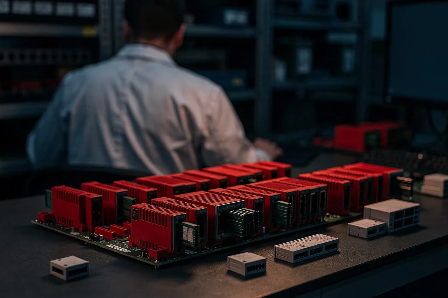 Montage industrieller Sicherheitssteuerungen, rote Baugruppenträger mit Steckmodulen auf einem ESD-Arbeitsplatz, eine Mitarbeiterin im Antistatikmantel von hinten, kühles helles Licht