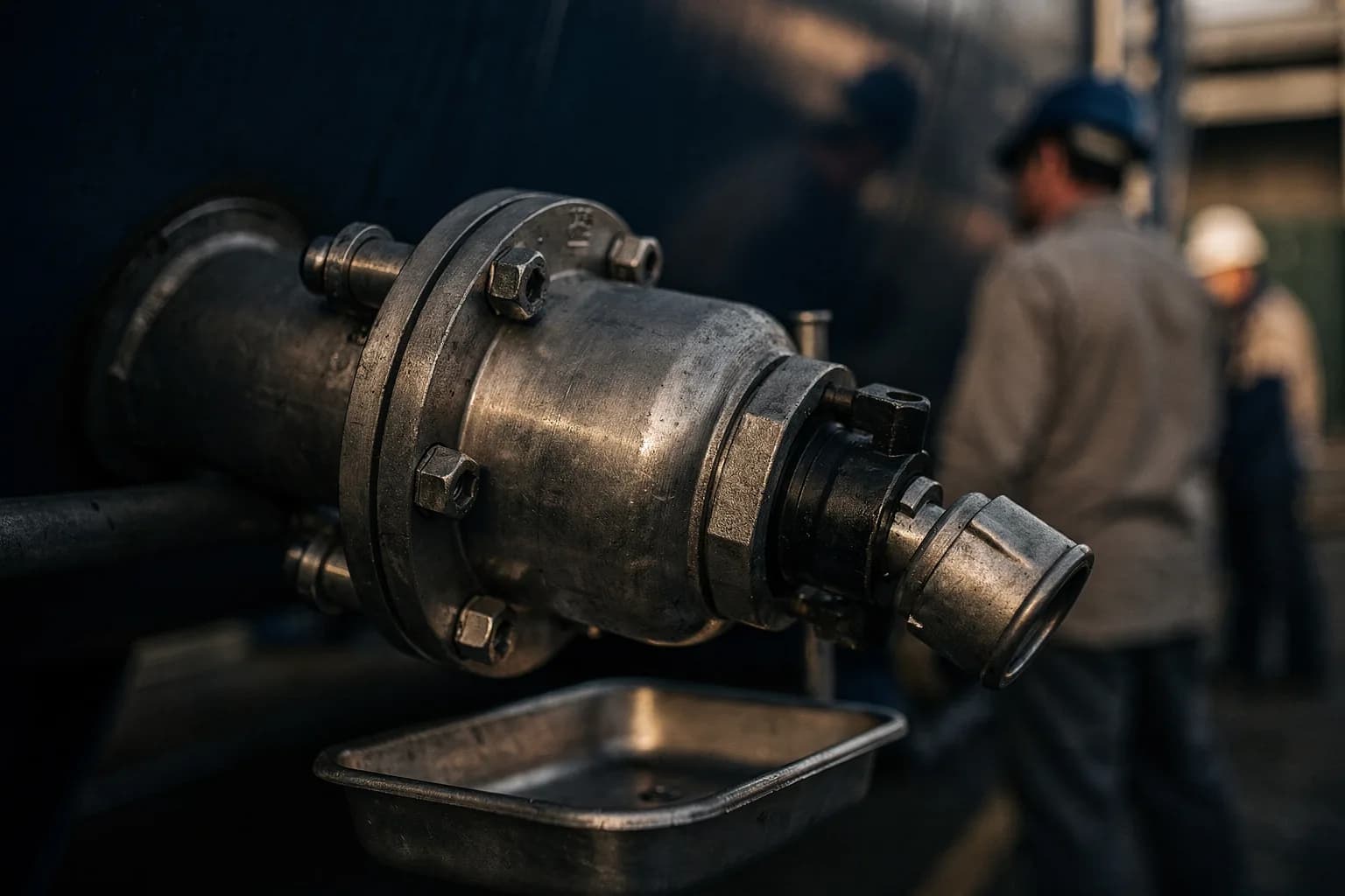 Hand in Arbeitshandschuh an der Armatur eines Tankwagens mit Zählwerk und Schlauchanschluss, Nahaufnahme