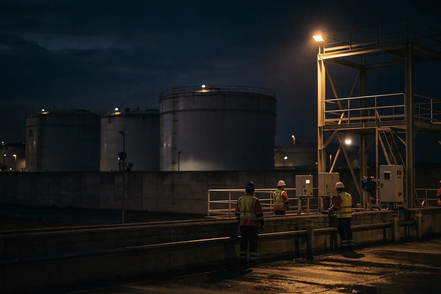 Tanklager mit mehreren großen Lagertanks hinter einem Zaun, Rohrleitungen und Treppenaufgänge, weiter Himmel