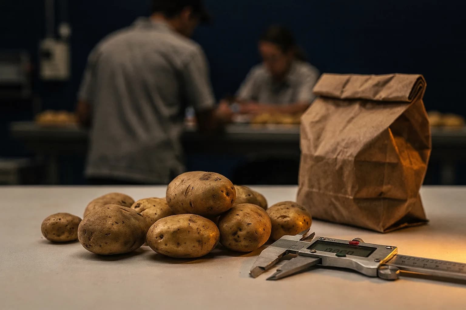 Probe von Kartoffeln auf einem Prüftisch mit einem Messschieber und einer Papiertüte daneben, warmes Licht