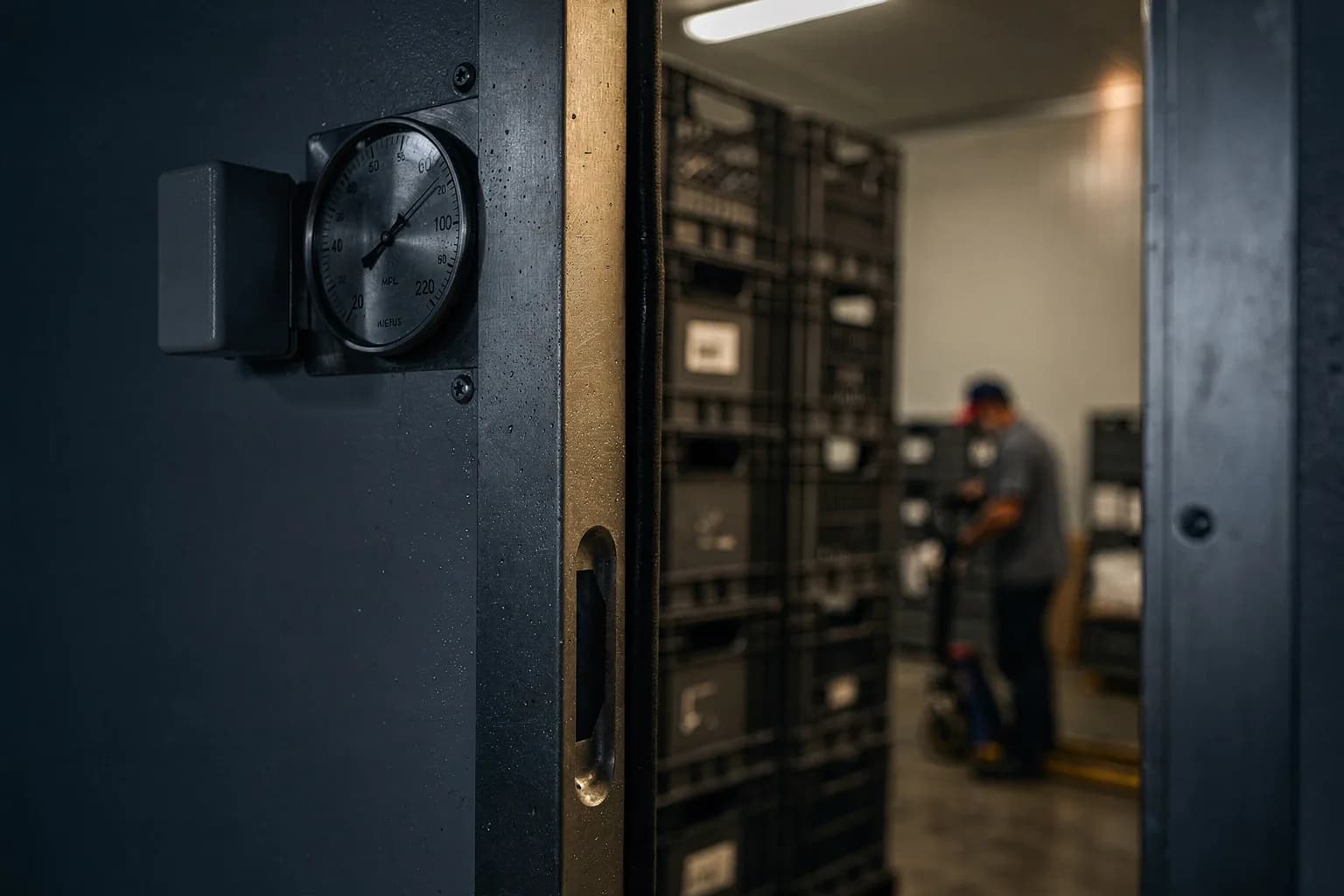 Kühlraumtür mit einem Temperaturanzeiger daneben, durch den Spalt gestapelte Kisten sichtbar, kühles Licht