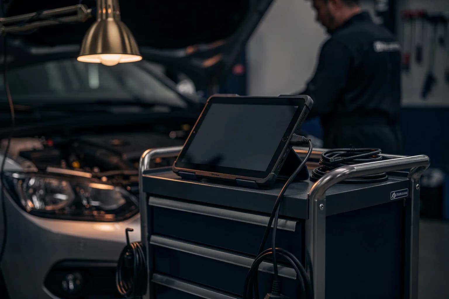 Diagnosetablet auf einem Werkstattwagen neben einem geöffneten Motorraum, Kabel ordentlich geführt, warme Leuchte