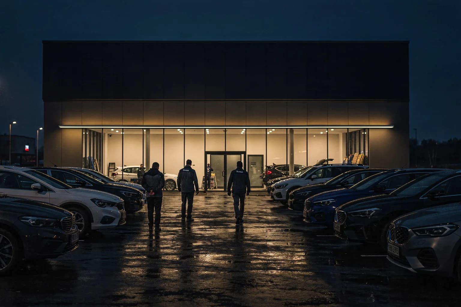 Autohausgebäude in der Dämmerung mit beleuchtetem Glasschauraum und einem Vorplatz voller Fahrzeuge, nasser Asphalt spiegelt das Licht