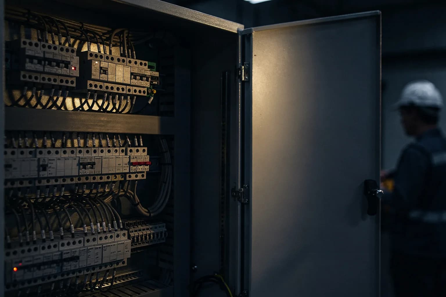 Industrieschaltschrank mit ordentlichen Klemmenreihen und einem leeren Bedienpanel, kühles Licht