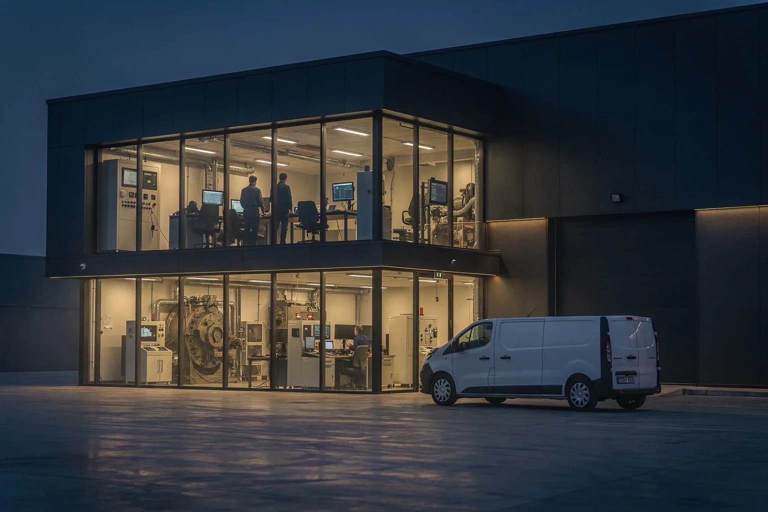 Modernes Industriegebäude zur blauen Stunde mit verglastem Ingenieurgeschoss, beleuchtet, ein Transporter am Warentor, aufgeräumter Vorplatz