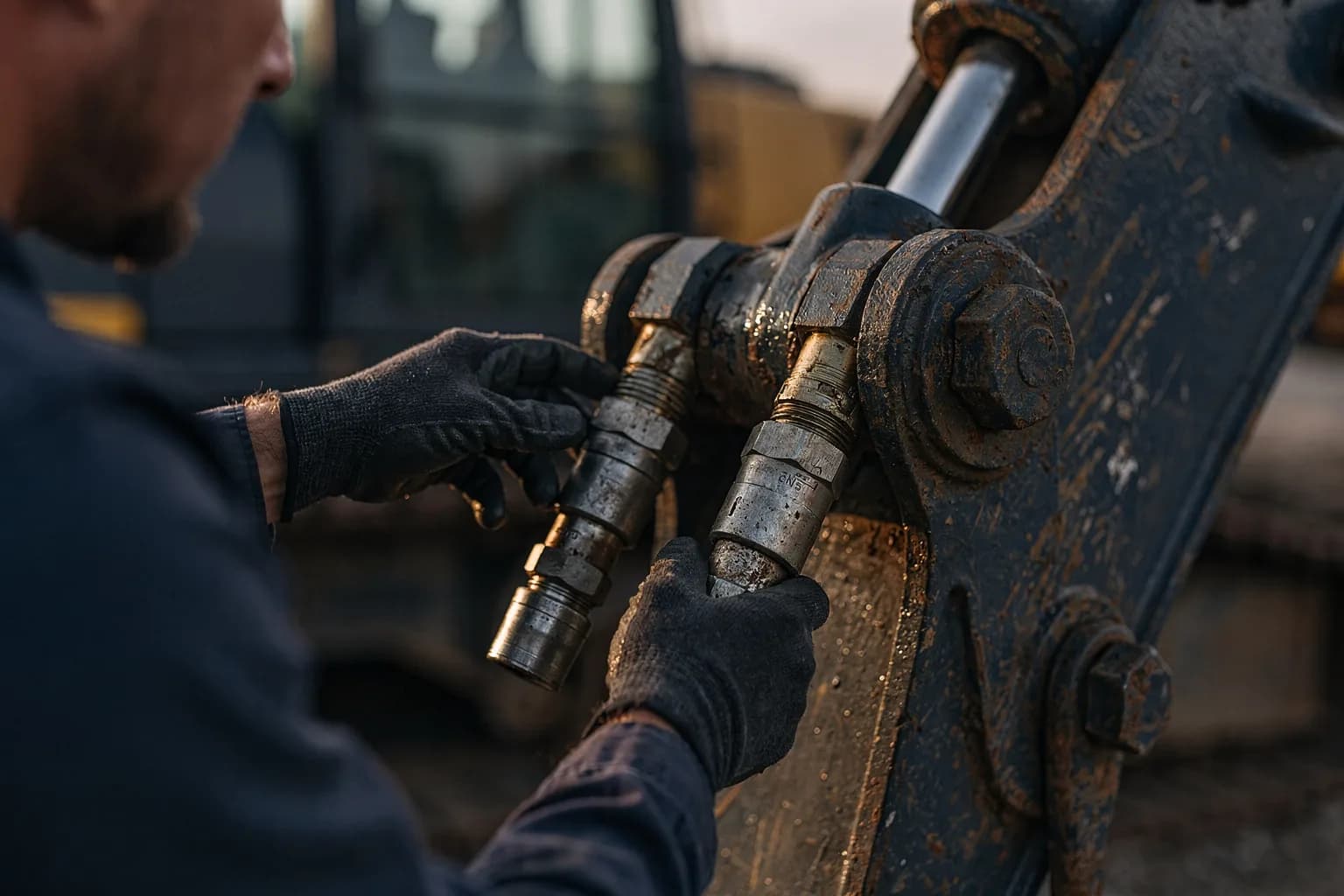 Hydraulische Schnellwechsler an einem Baggerarm, Ölfilm und zerkratzter Lack, eine behandschuhte Hand greift zu
