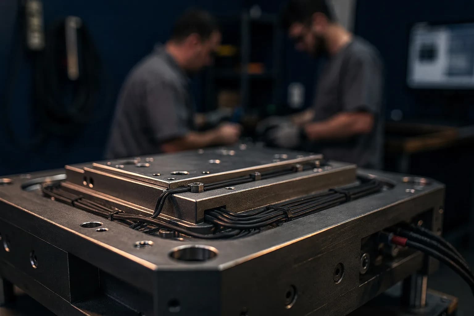 Werkzeuggrundplatte mit eingepasster Verteilerplatte und Verdrahtungskanälen, sauber bearbeitete Flächen, kühles Licht
