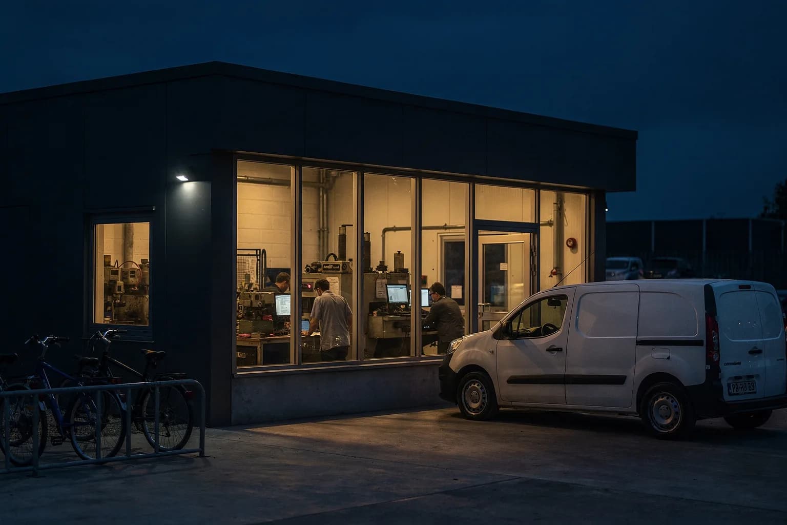 Kleiner Präzisionsbetrieb zur blauen Stunde, beleuchtete Werkstattfenster, ein Transporter an der Tür, aufgeräumter Vorplatz mit Fahrradständer