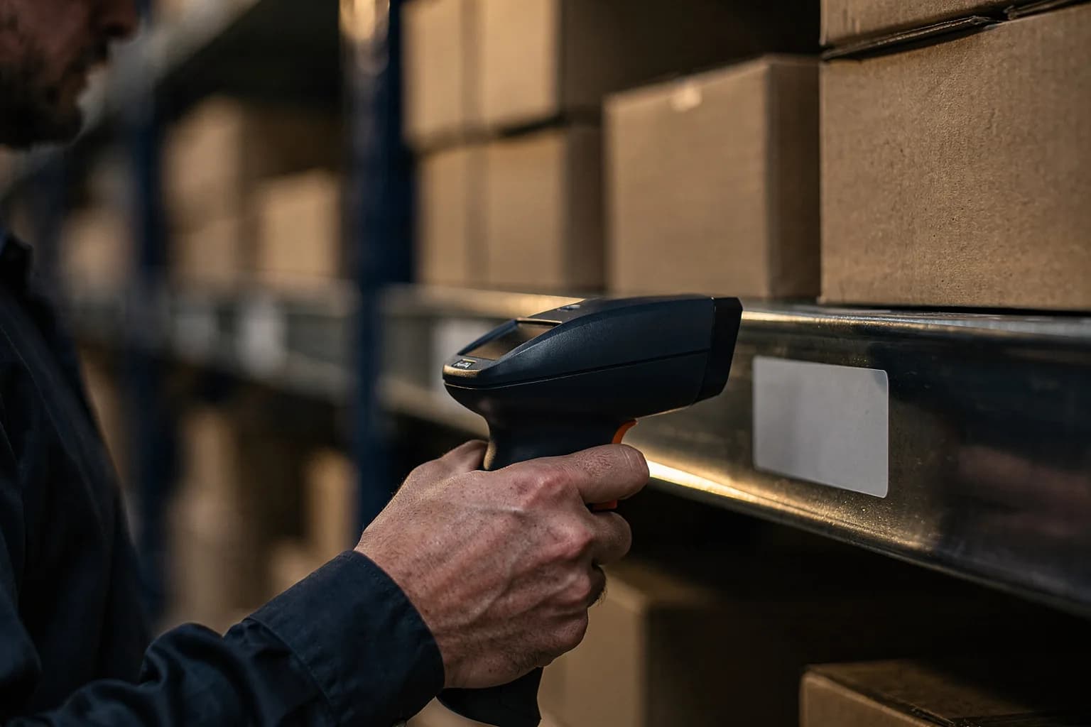Handgerät wird an ein Regaletikett in einer Regalgasse gehalten, Kartons dahinter, geringe Schärfentiefe