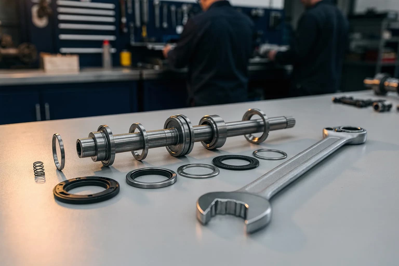 Gleitringdichtung und Wellenbaugruppe auf einer sauberen Werkbank ausgelegt, daneben ein Drehmomentschlüssel, warme Spiegelung auf dem Metall