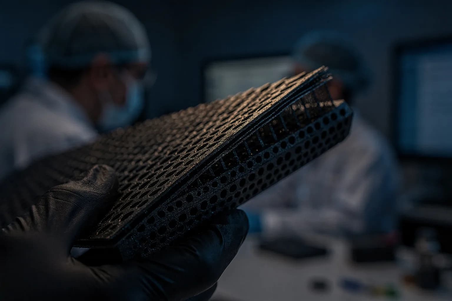Querschnitt aus Lochblech und Absorberschicht in einer behandschuhten Hand, feine Details, kühles Licht
