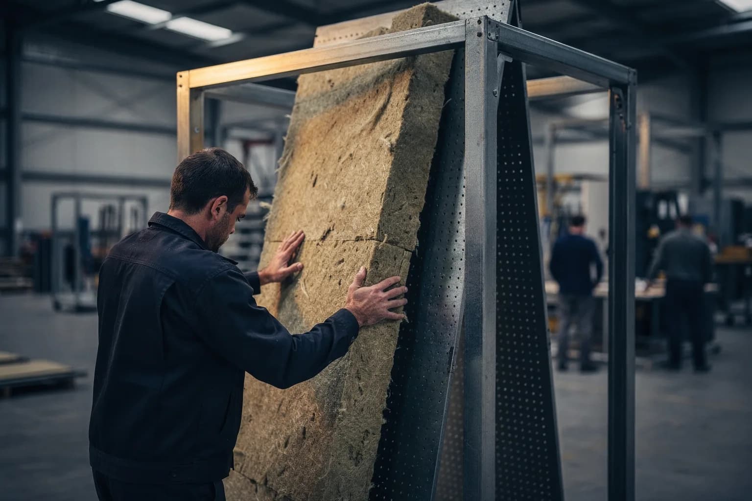 Fertigung großer Schallschutzhauben, gelochte Stahlbleche in einem Gestell, ein Monteur in Arbeitskleidung von hinten beim Einlegen von Dämmmaterial