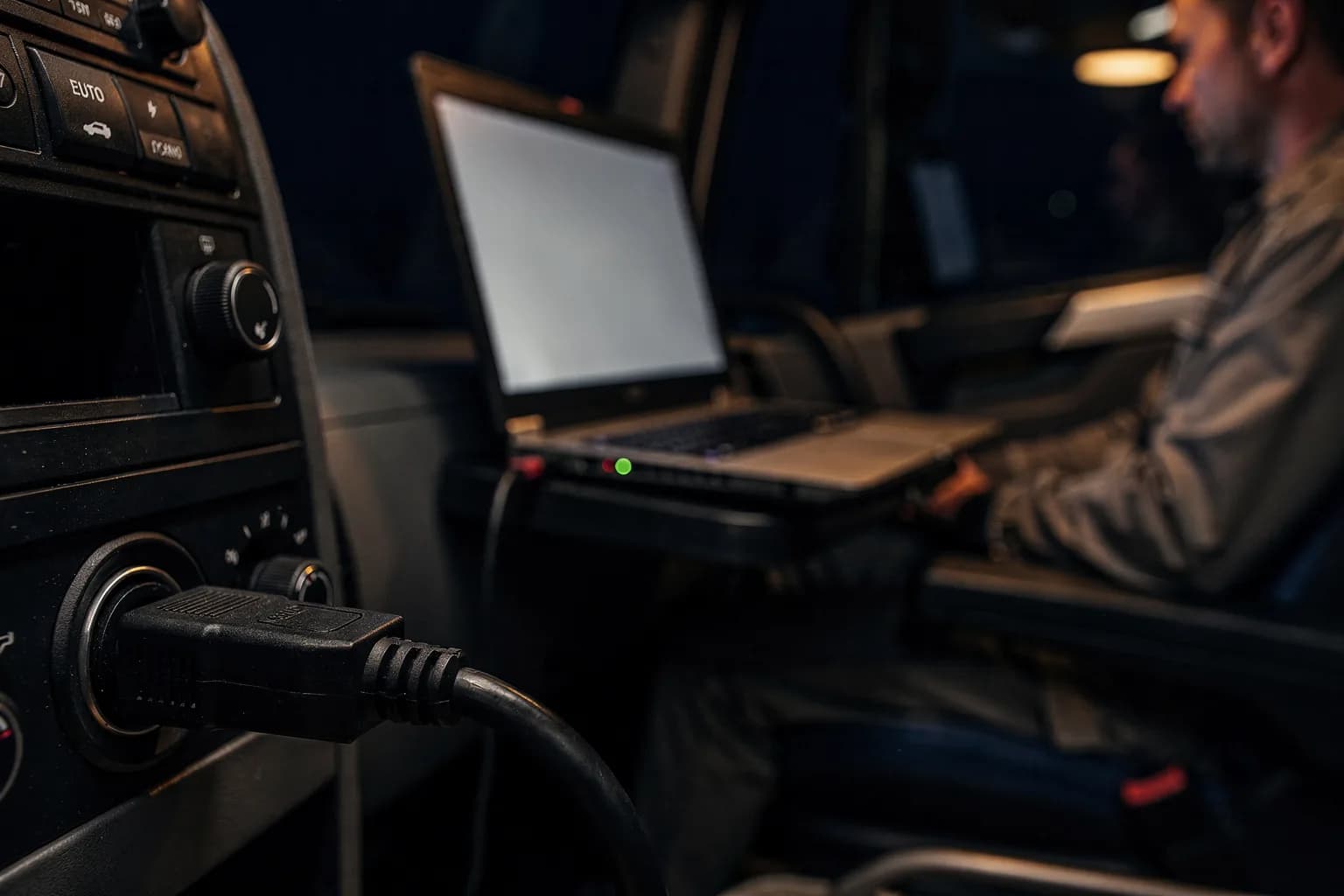 Diagnosestecker unter dem Armaturenbrett eines Lastwagens eingesteckt, Kabel führt zu einem robusten Laptop auf dem Sitz, warmes Licht in der Kabine