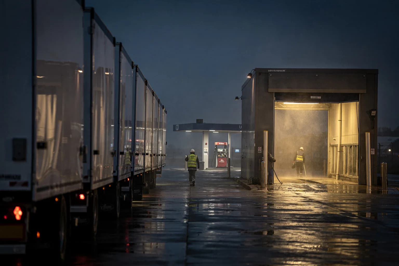 Speditionshof in der Dämmerung mit einer Reihe abgestellter Auflieger, eine von innen beleuchtete Waschhalle, nasser Beton, Tankstelle im Hintergrund