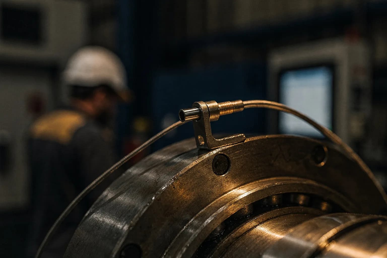 Schwingungsaufnehmer auf einem Lagergehäuse montiert, dünnes Kabel führt weg, Ölfilm auf dem Metall, warme Spiegelung