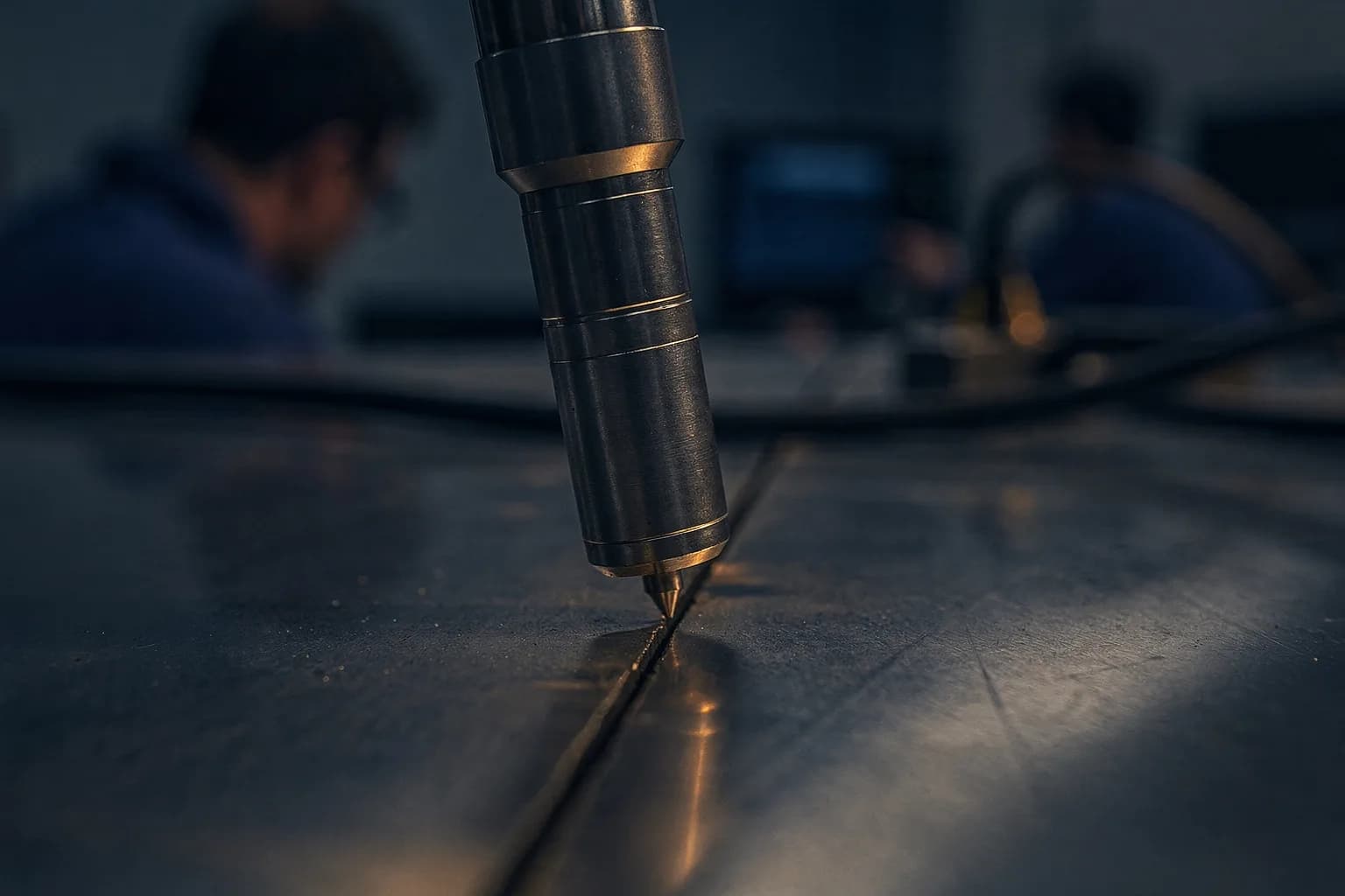 Sehr nahe Aufnahme einer Wirbelstromsonde auf einer polierten Metalloberfläche mit feinem Oberflächenriss, sehr geringe Schärfentiefe