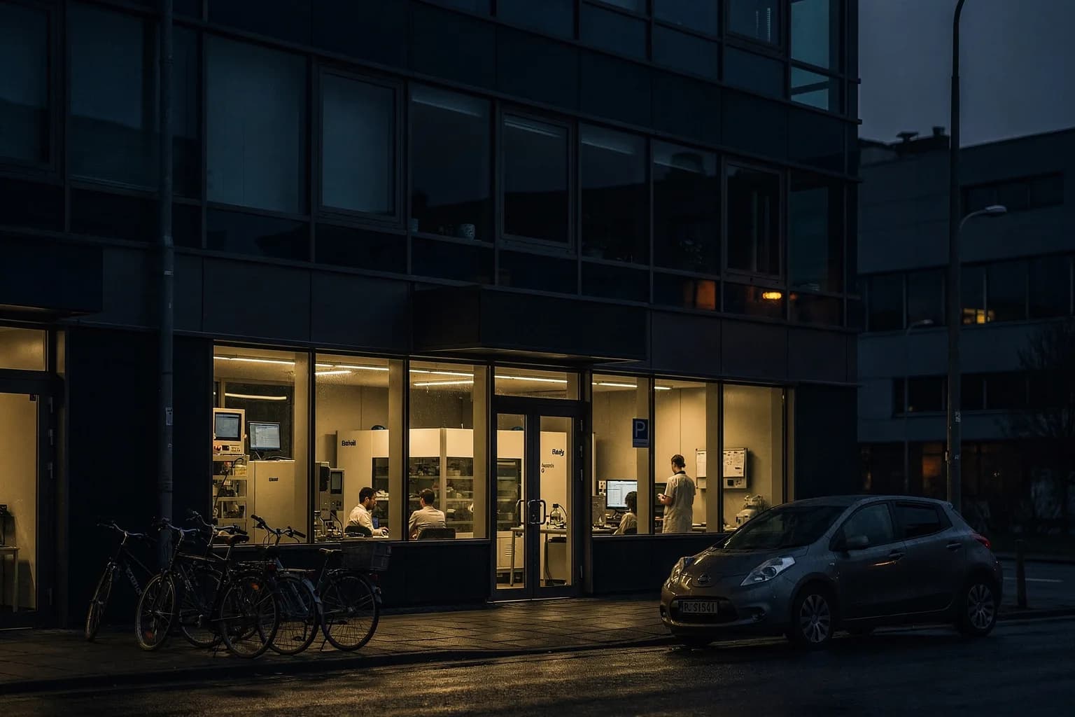Technikgebäude in der Dämmerung mit beleuchteten Laborfenstern im Erdgeschoss, Fahrräder und ein Wagen davor, ruhige Gewerbestraße