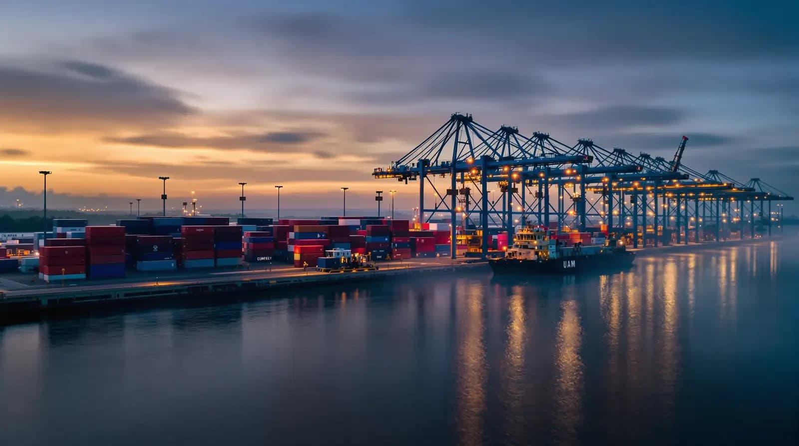 Binnenhafen im Morgengrauen: Verladebrücken, gestapelte Container und ein Schiff am Kai