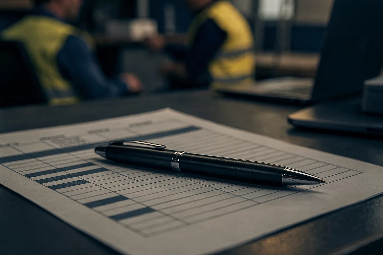 Nahaufnahme eines ausgedruckten Bauzeitenplans mit einem darauf liegenden Stift, keine lesbaren Zeichen, geringe Schärfentiefe