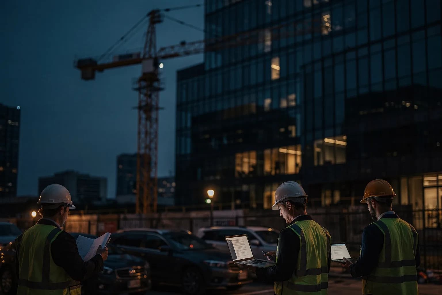 Bürogebäude in der Dämmerung in der Nähe einer Baustelle, ein Turmdrehkran vor dem Abendhimmel