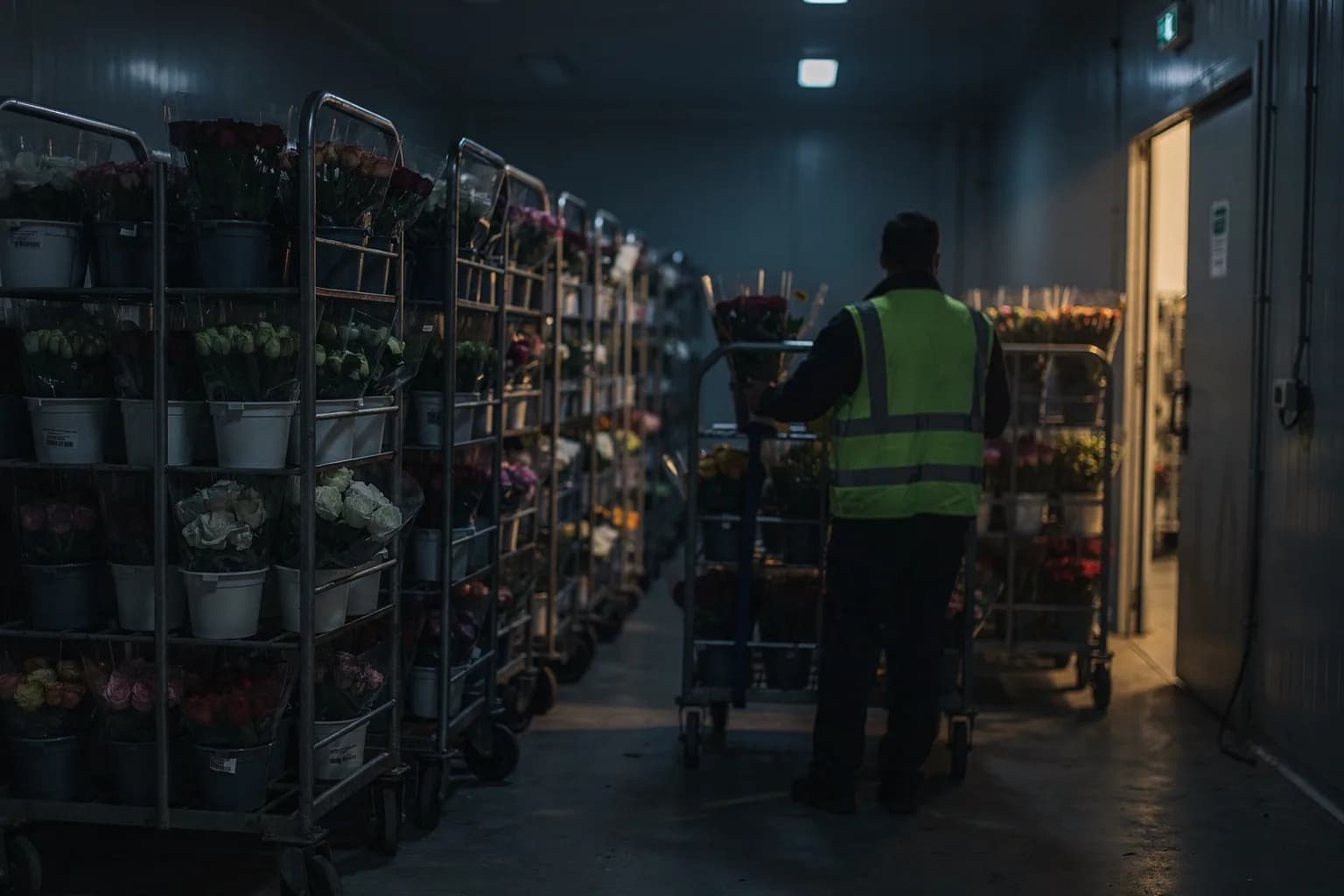 Kühlraum mit Reihen von Blumenrollwagen, kühles blaues Licht, fluchtende Perspektive