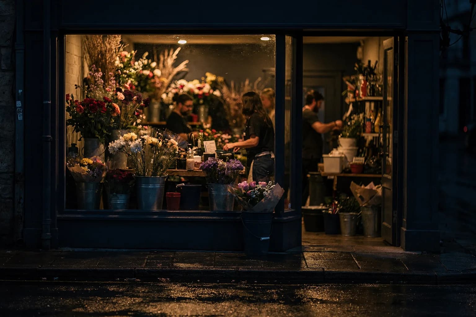 Blumenfachgeschäft in der Dämmerung mit beleuchtetem Schaufenster voller Sträuße, Straße einer Kleinstadt, nasses Pflaster