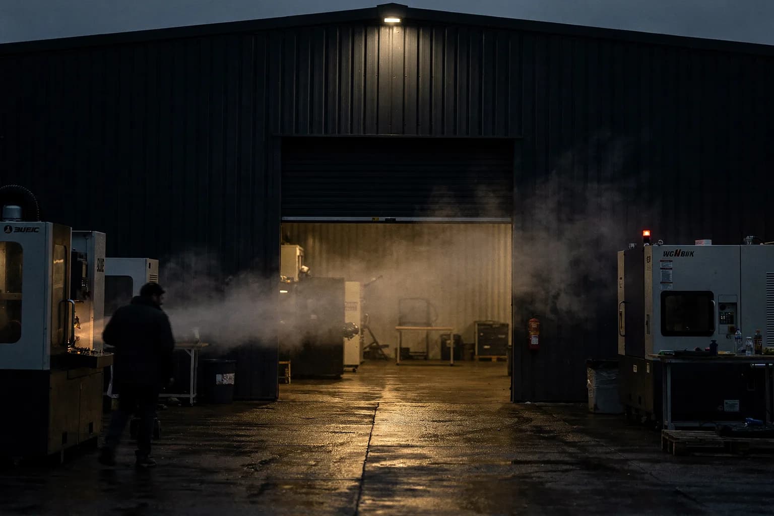 Gewerbehalle in der Dämmerung mit geöffnetem Rolltor und leichtem Dampf, der draußen aufsteigt, kleiner Hof