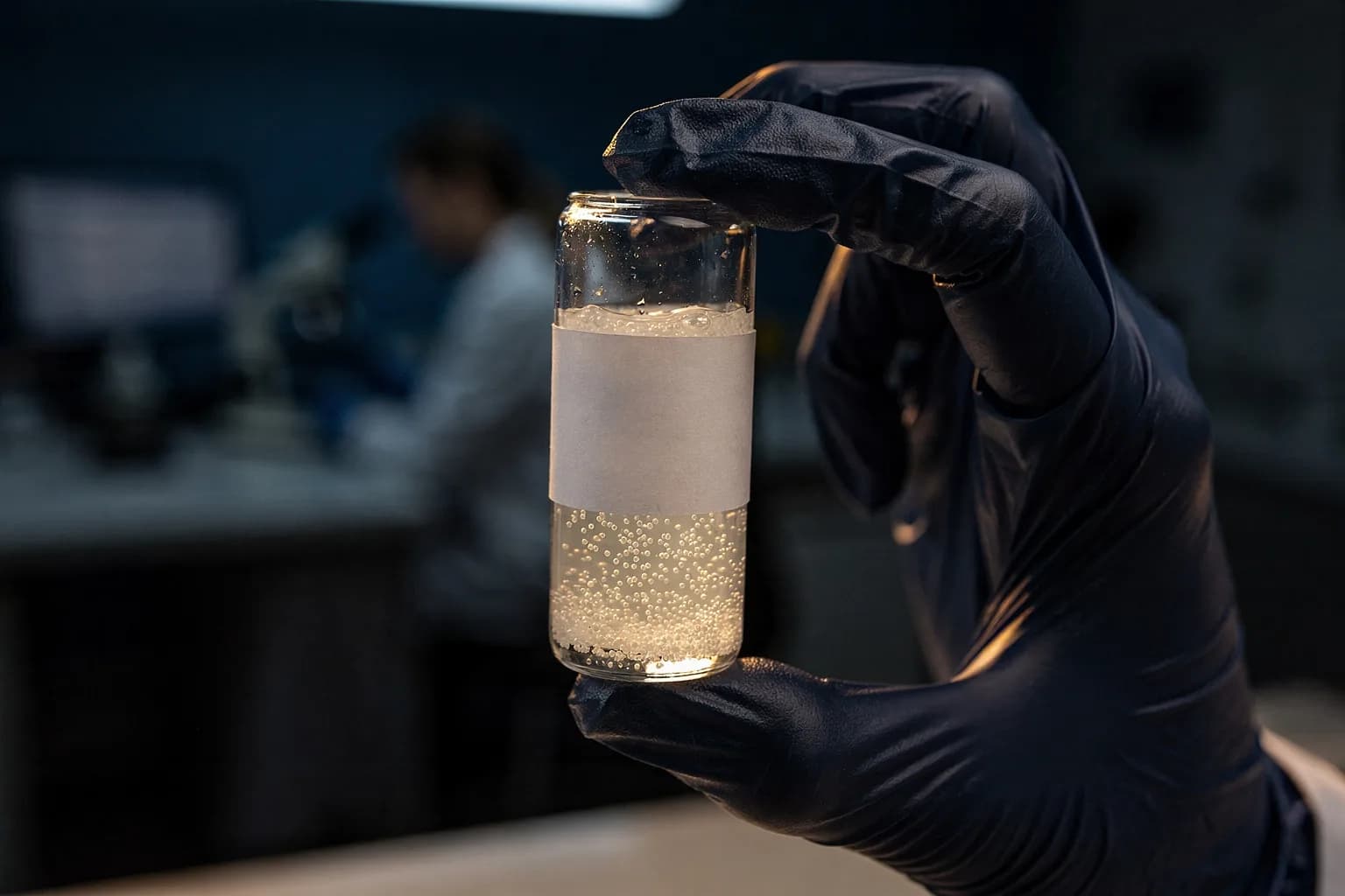 Nahaufnahme eines kleinen Glasfläschchens mit blass opaleszierender Mikrosphären-Suspension in einer behandschuhten Hand vor Laborlicht, unbeschriftetes Etikett