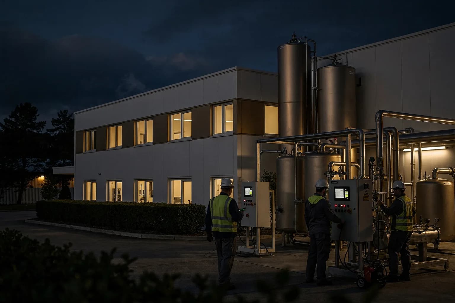 Kleiner Chemiebetrieb in der Dämmerung mit sauberer Fassade und beleuchteten Fenstern, niedrige Hecke davor