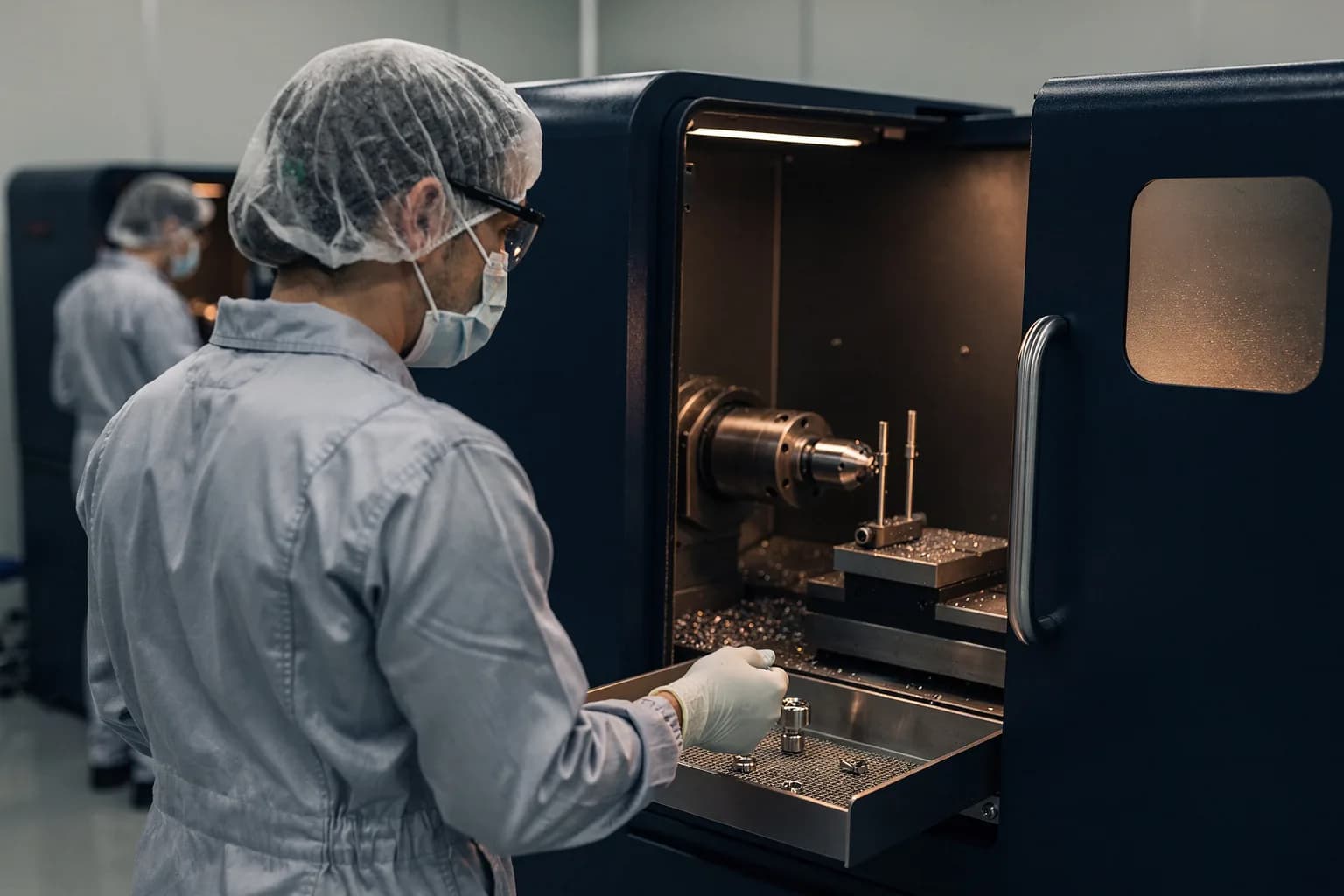 Reinraum mit kompakter CNC-Drehmaschine, die sehr kleine Titanteile fertigt, eine Bedienerin in Reinraumkleidung von hinten, helles Licht