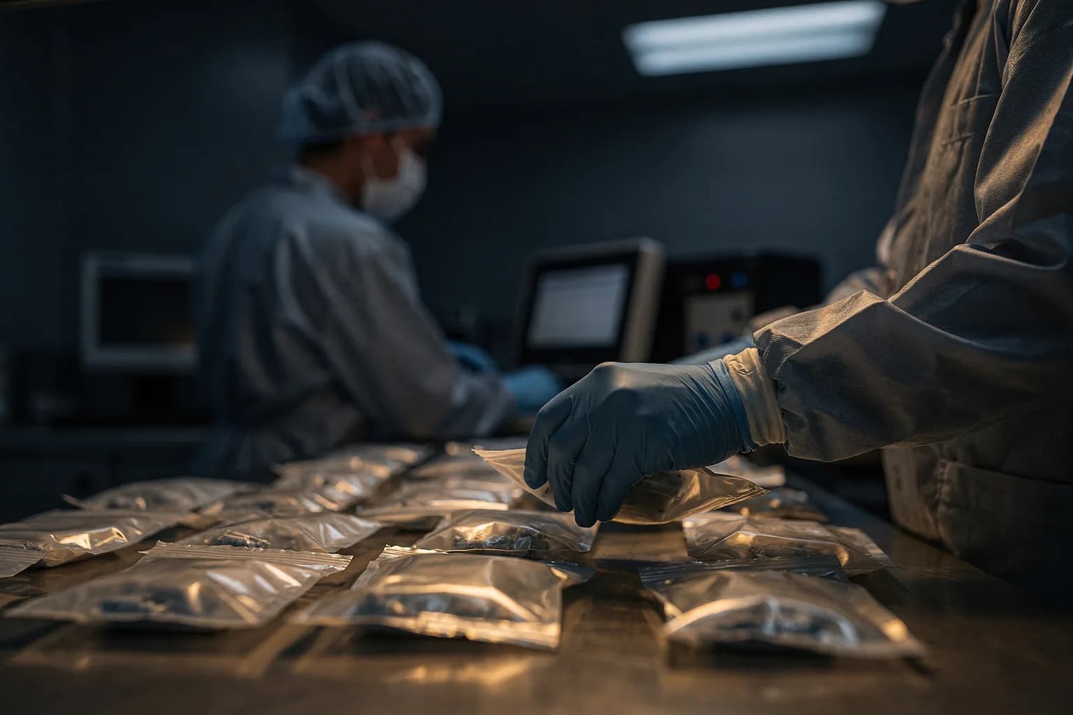 Verpackungsplatz im Reinraum mit versiegelten durchsichtigen Beuteln auf einer Bank, behandschuhte Hände, gleichmäßiges Licht