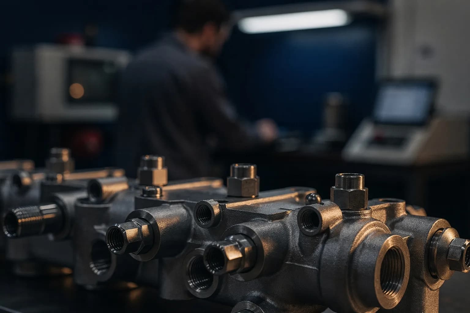 Extreme Nahaufnahme eines eloxierten Aluminiumverteilers mit Verschraubungen, gefräste Flächen, sehr geringe Schärfentiefe